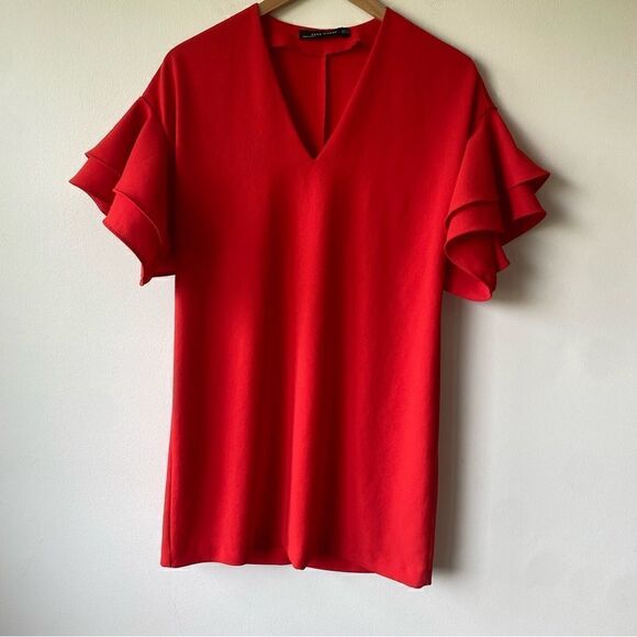 Zara woman red shift mini dress ruffle sleeves XS - Picture 5 of 8